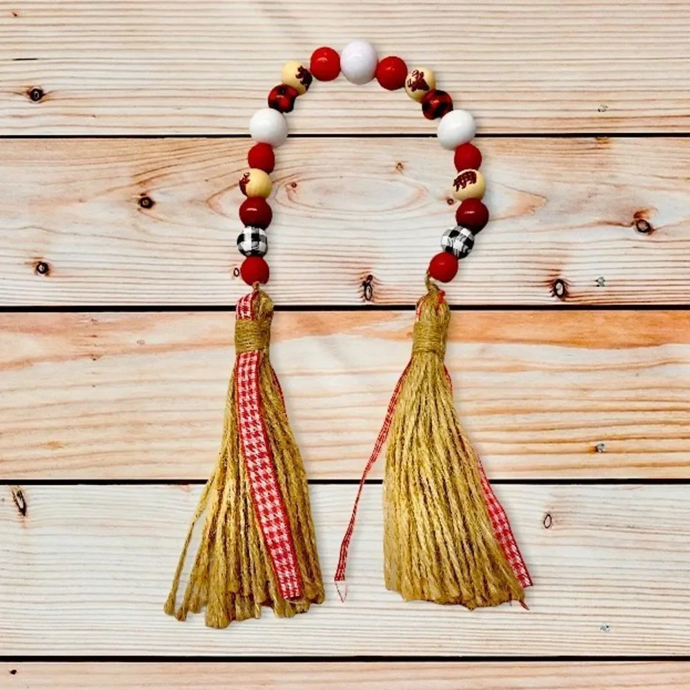 NEW Wood Bead Garland with Plaid Tassels